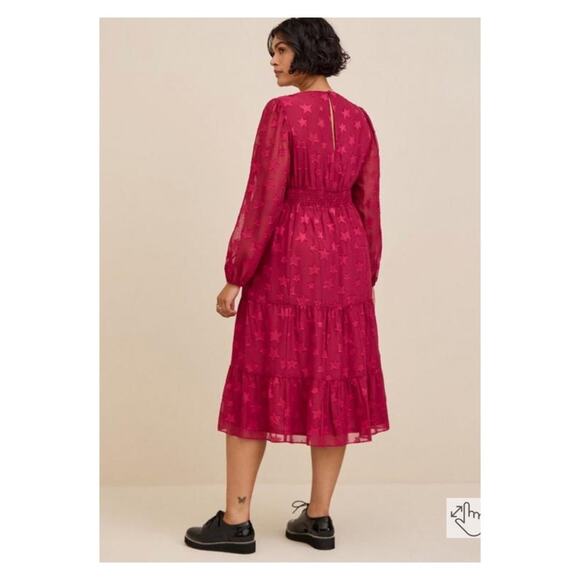 Torrid Purple Pink Clip Dot Star Chiffon Tiered Midi Dress Sz.4 NWT - Picture 4 of 9